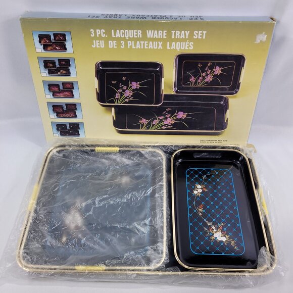 Lacquer Ware 3 Piece Tray Set Black Floral Gold Trim Flower Woolworth Japan 233N - Picture 1 of 3